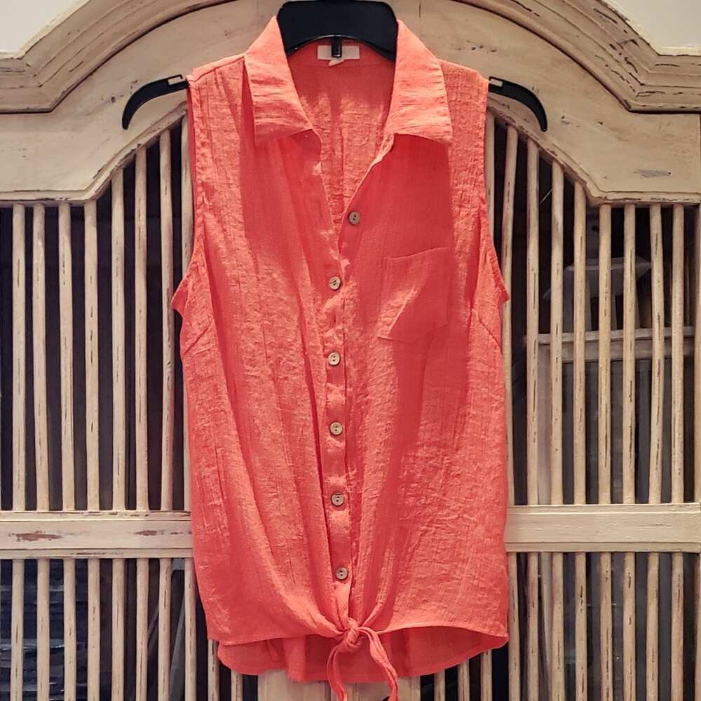 E M Large Orange Sleeveless button down top with tie front